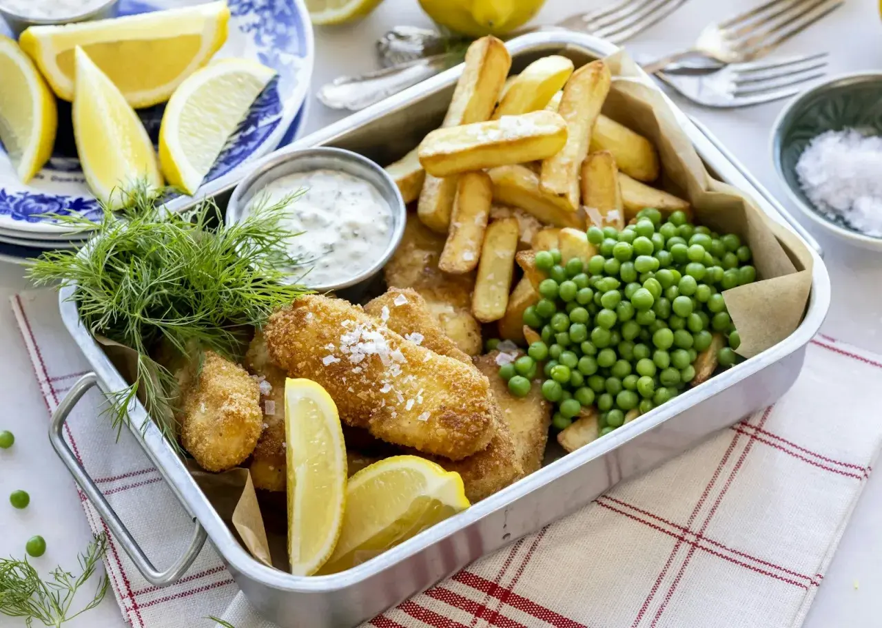 Krispigt friterad fisk med pommes frites, ärtor, citron och dill. Perfekt snabb mat för en härlig måltid.