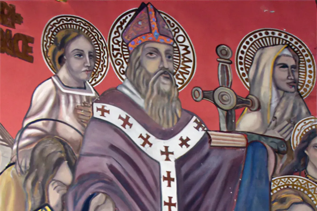 Św. Roman patron, w otoczeniu świętych, z mieczem i księgą.