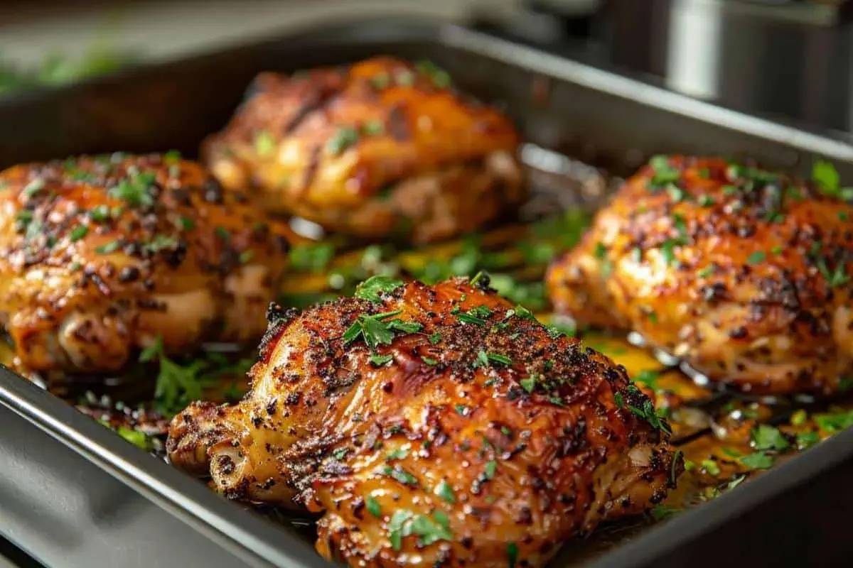 Quatre morceaux de poulet rôtis, dorés et savoureux, parsemés de persil frais. Parfait pour des recettes avec poulet.