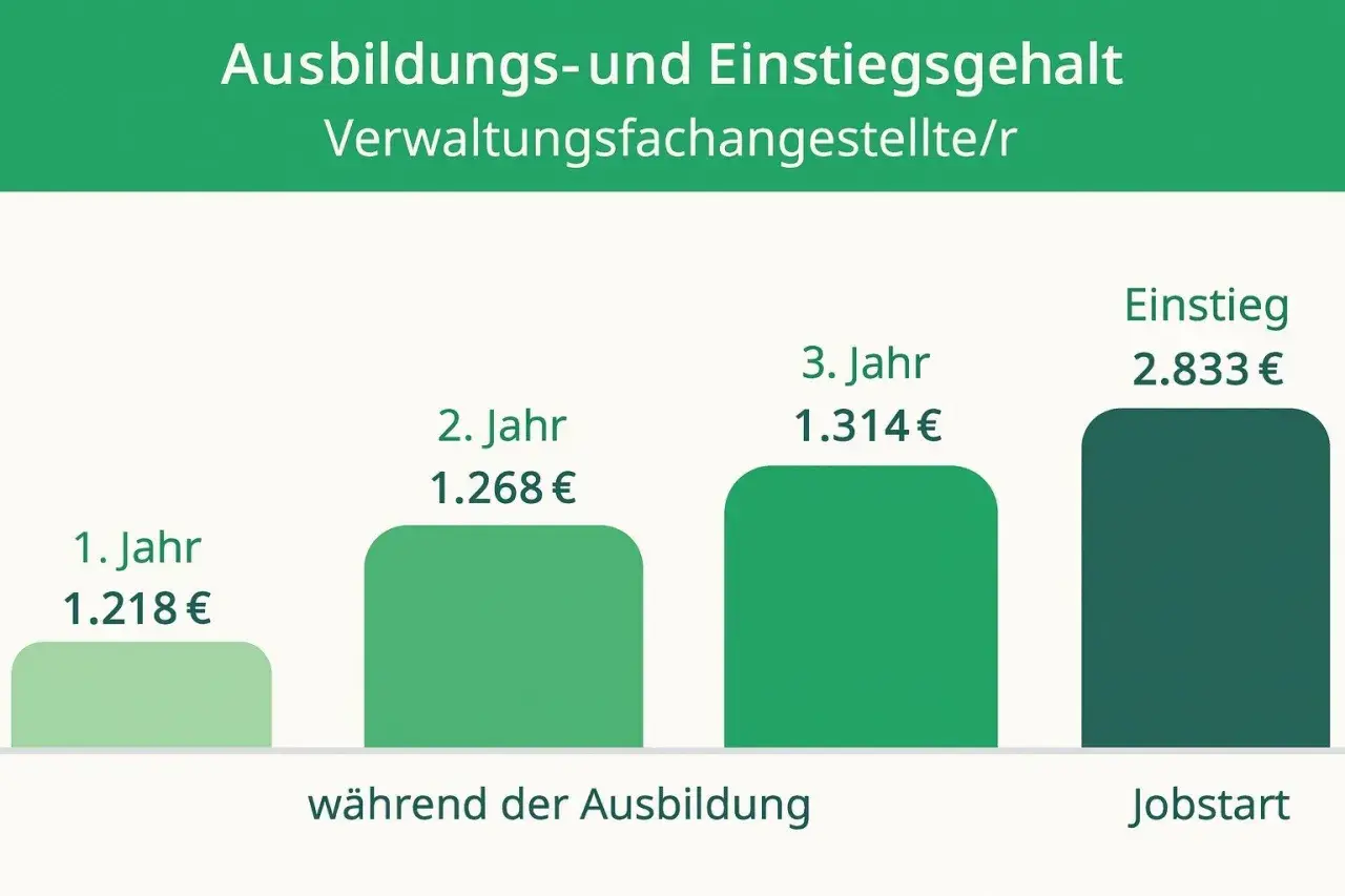 Gehaltsentwicklung für Verwaltungsfachangestellte: Ausbildung (1.218€-1.314€) vs. Jobstart (2.833€). Public management Gehalt steigt deutlich.