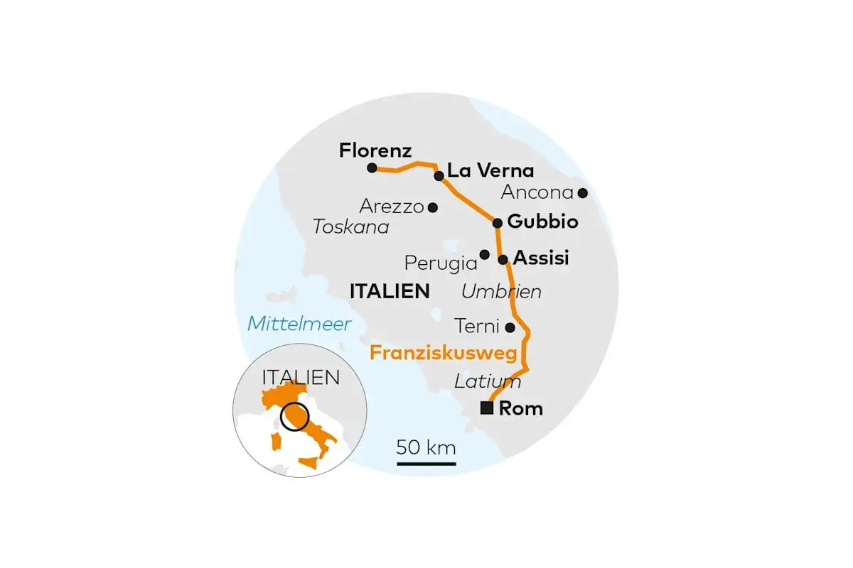 Karte des Franziskusweges von Florenz nach Rom. Die Route führt durch Toskana, Umbrien und Latium, vorbei an Orten wie Assisi.