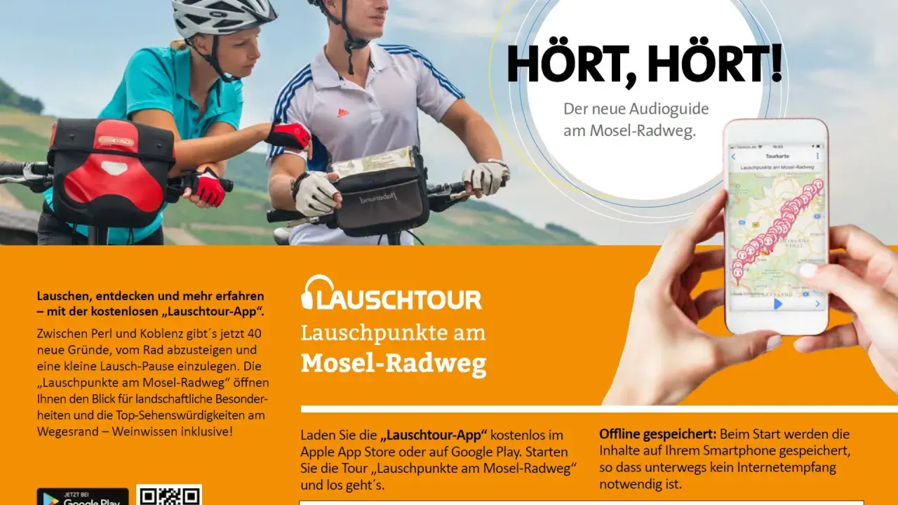 Radfahrer am Mosel-Radweg nutzen die "Lauschtour-App" für Entdeckungen. Die Tour bietet 40 Stopps mit Infos zu Landschaft und Sehenswürdigkeiten.
