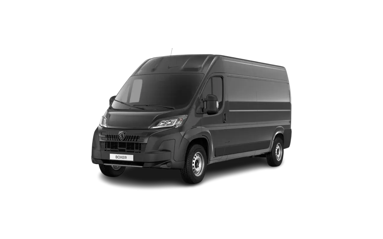 Szary Peugeot Boxer na czarnym tle. Sprawdź prawidłowe ciśnienie w oponach dla swojego Boxera, aby zapewnić bezpieczeństwo i komfort jazdy.