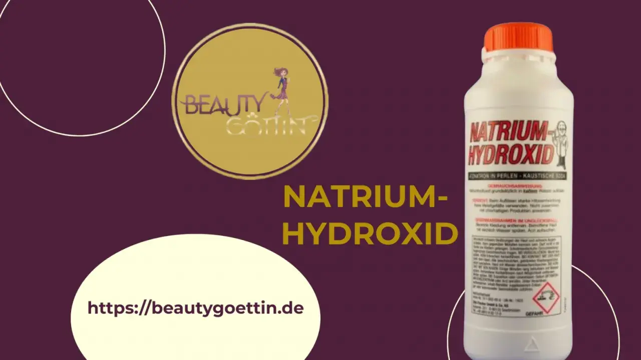 Flasche Natriumhydroxid, auch bekannt als kaustische Soda, mit Anwendungshinweisen. Website: beautygoettin.de.