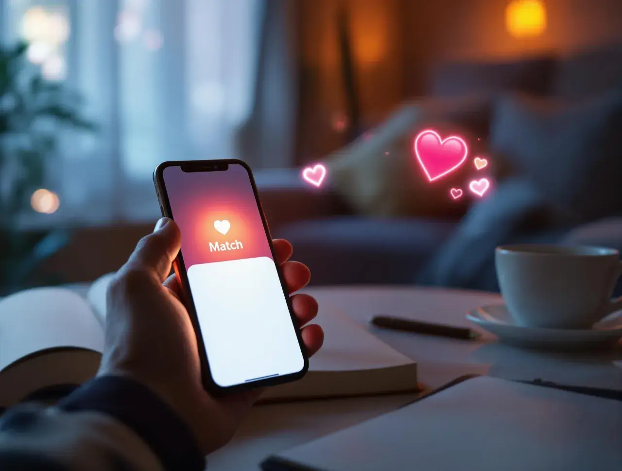 Dłoń trzyma smartfon z ekranem aplikacji randkowej, na którym widać napis "Match" i unoszące się serduszka. To idealny czas na tinder godziny szczytu.