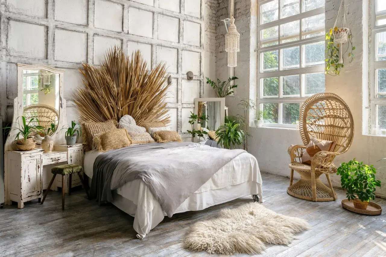 Sypialnia w stylu boho z łóżkiem, wiklinowym fotelem i dużą ilością roślin. Dominują naturalne materiały i ciepłe, ziemiste odcienie, tworząc przytulny klimat.