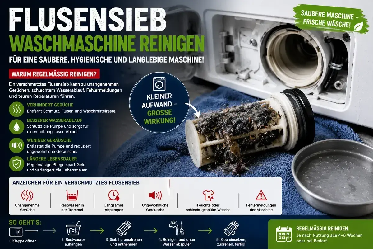 Ein stark verschmutztes Flusensieb einer Waschmaschine, voller Fusseln und Haaren. Regelmäßige Reinigung ist wichtig!