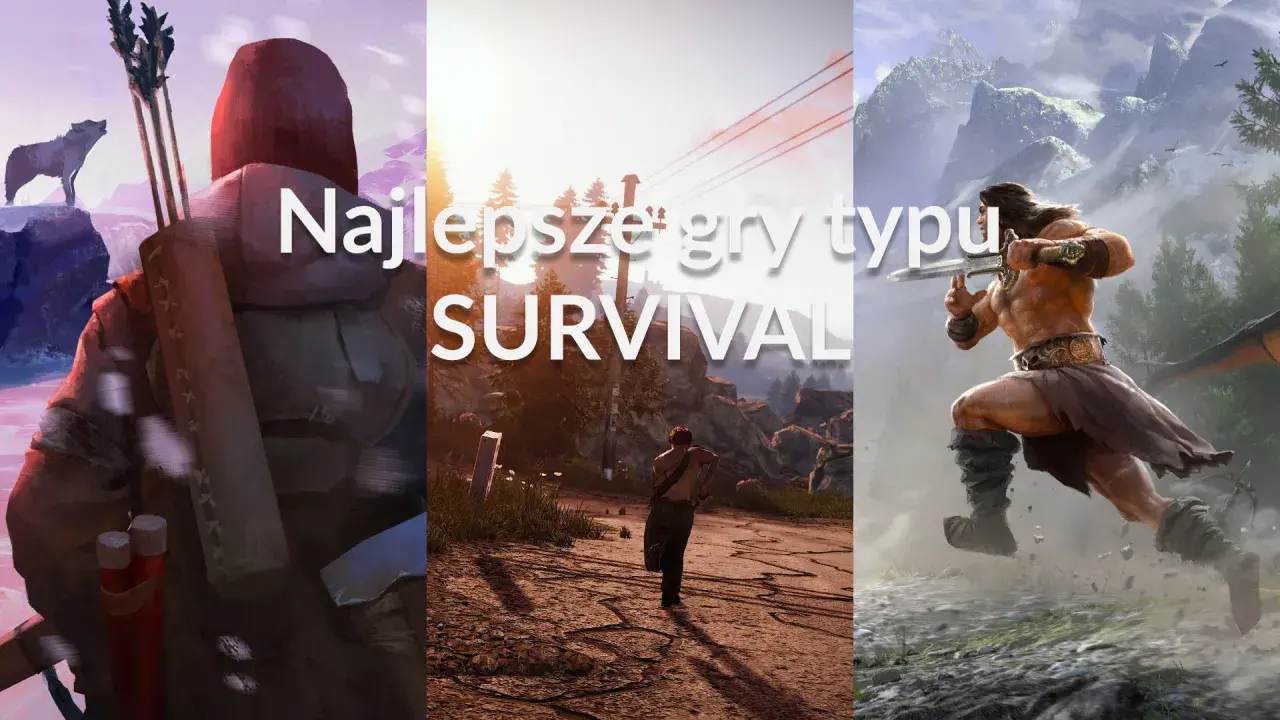 Trzy sceny z gier survival multiplayer: postać w zimowym krajobrazie, człowiek biegnący przez pustkowie i wojownik z mieczem.