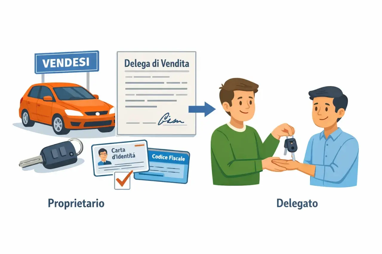 Un proprietario firma una delega per acquisto auto, consegnando chiavi e documenti a un delegato.