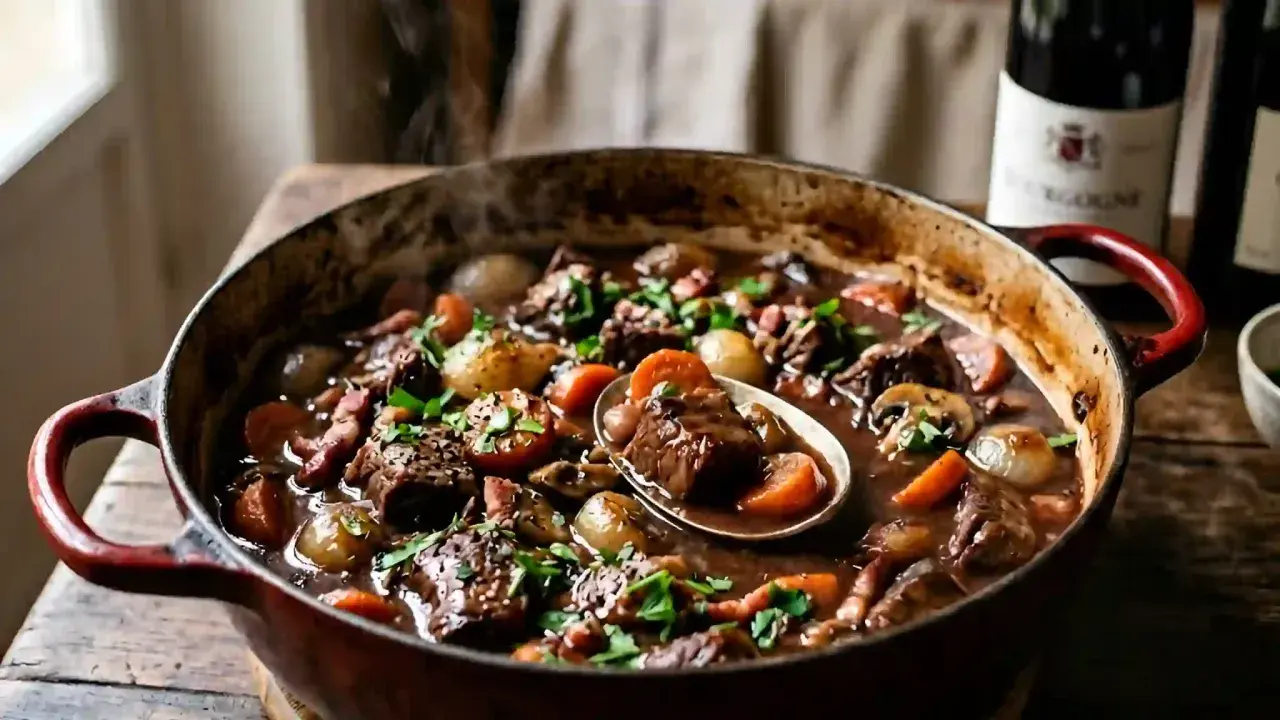 Un plat fumant de boeuf bourguignon, un délice pour les papilles et les pupilles, mijote dans une cocotte.