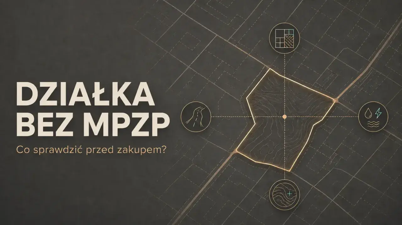 Działka bez MPZP: sprawdź co musisz wiedzieć przed zakupem. Mapa z ikonami drogi, mediów i zabudowy.