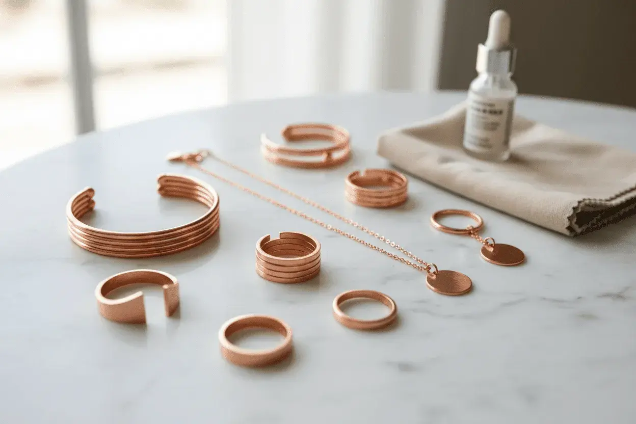 Joyas de cobre con estilo cowboy: pulseras, anillos y un collar con colgante, junto a un frasco y paño de limpieza.