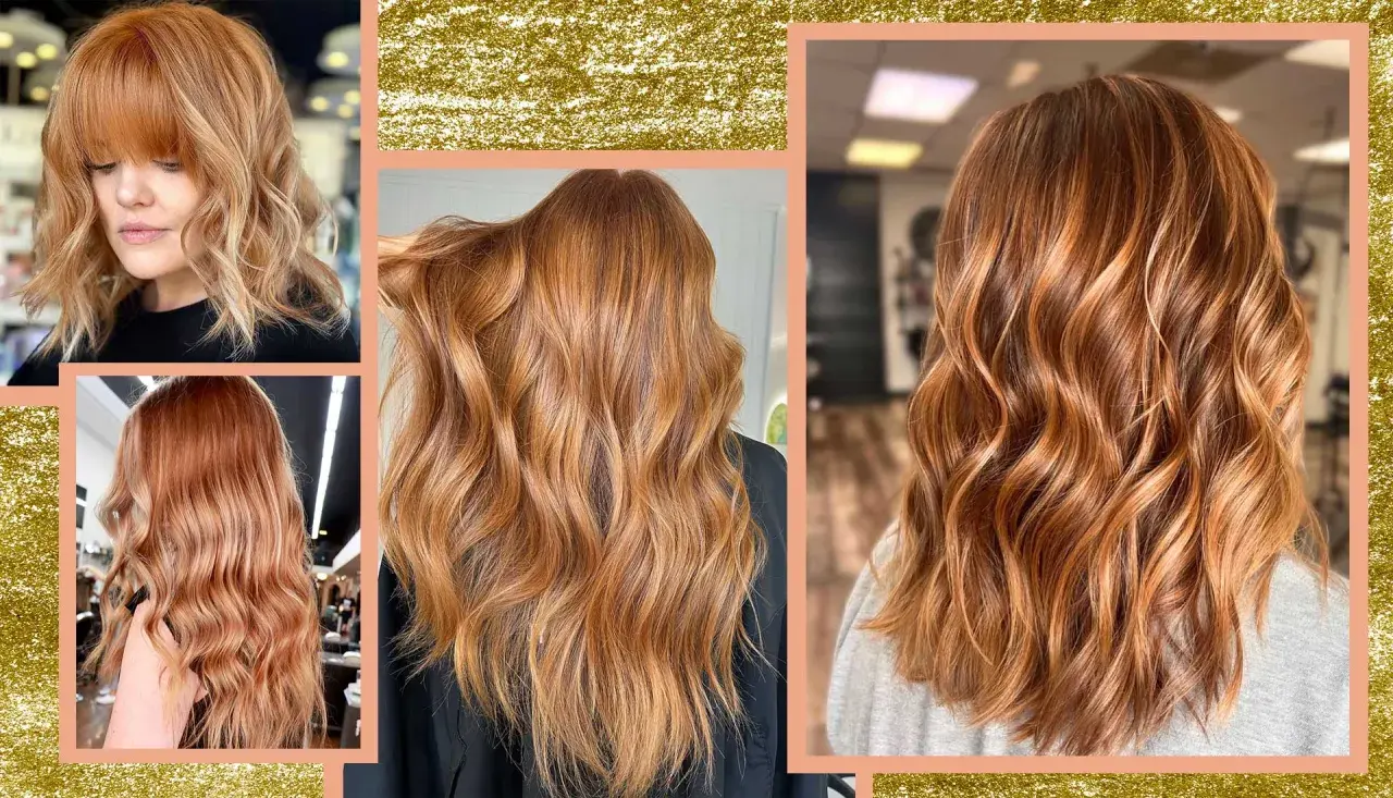 Capelli mossi con sfumature biondo rame, un look radioso e caldo che cattura la luce.