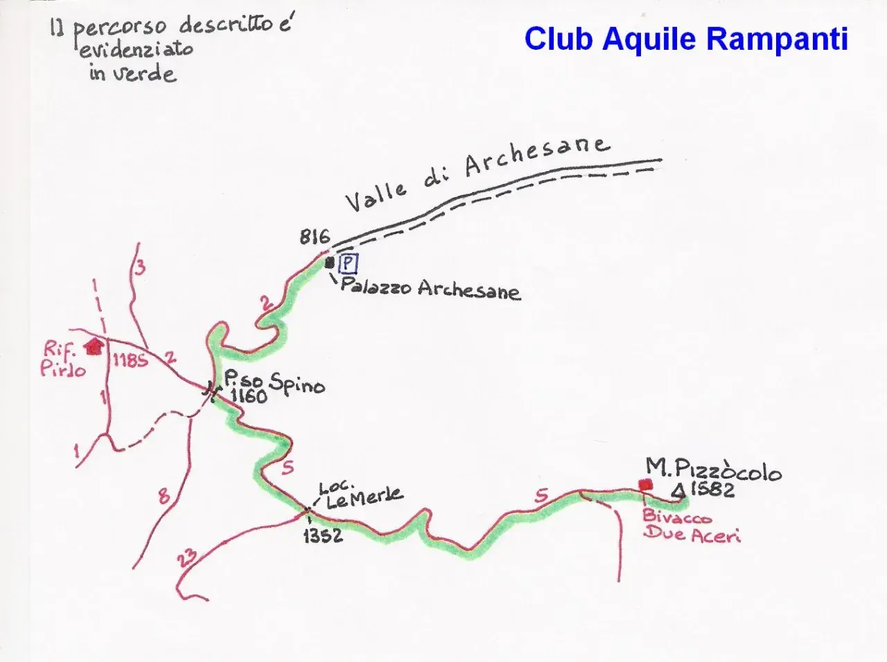 Mappa del sentiero verde che porta al Monte Pizzocolo, con Rifugio Pirdo e Bivacco Due Aceri.