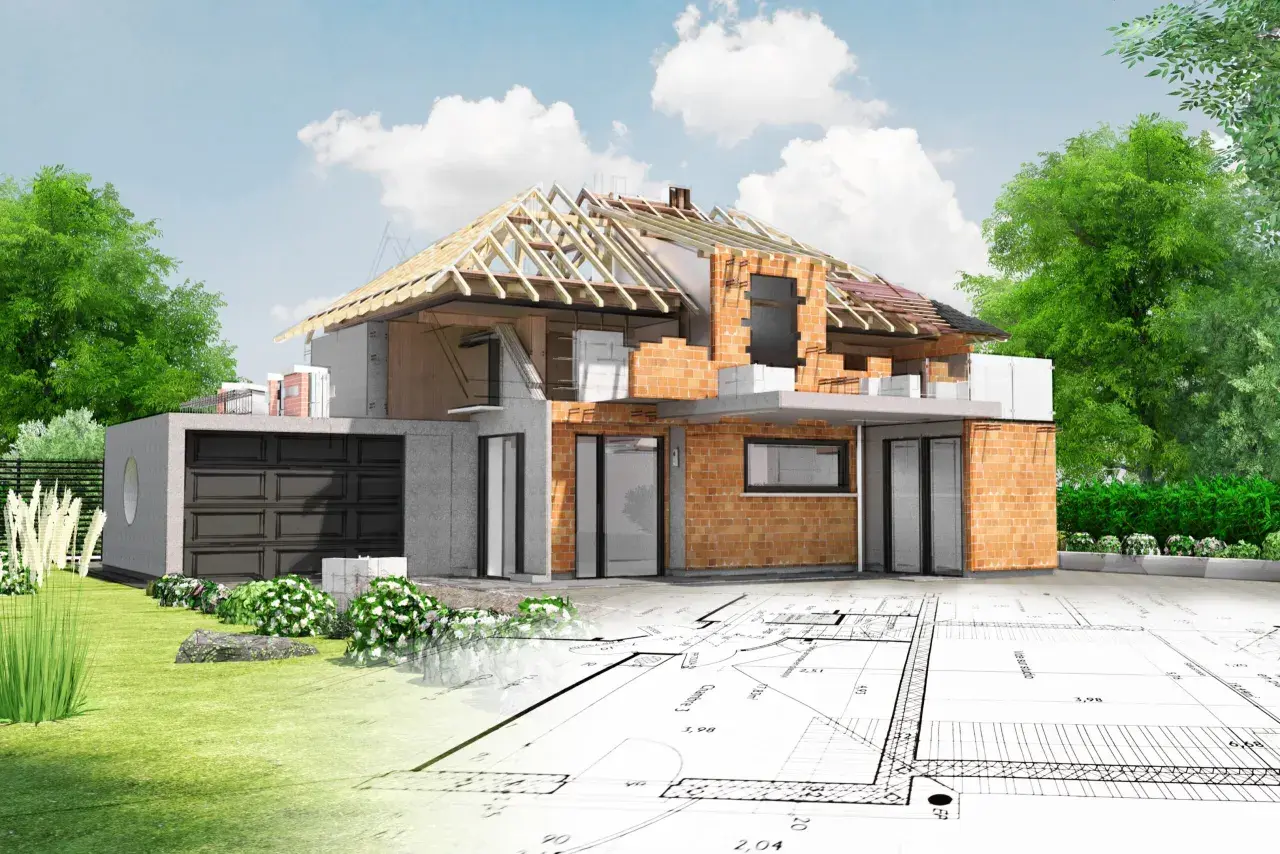 Dom w budowie z widokiem na plany architektoniczne i otaczającą zielenią.