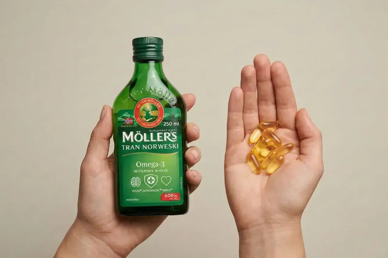 Dłoń trzyma butelkę Möller's Tran Norweski, a druga dłoń garść kapsułek z omega-3.