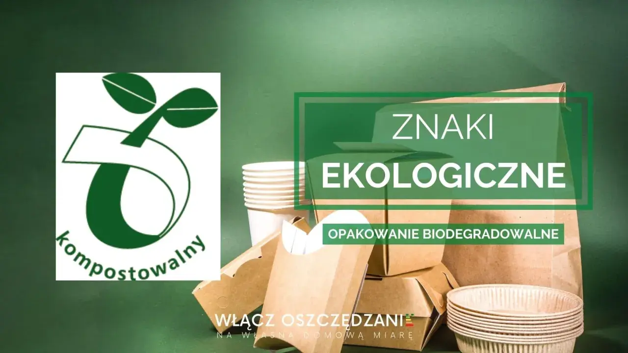 Zielony znak "kompostowalny" i tekst "OPAKOWANIE BIODEGRADOWALNE" na tle ekologicznych opakowań.
