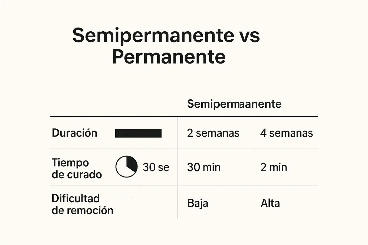 Tabla comparativa de duración, tiempo de curado y dificultad de remoción para coloración semipermanente y permanente.