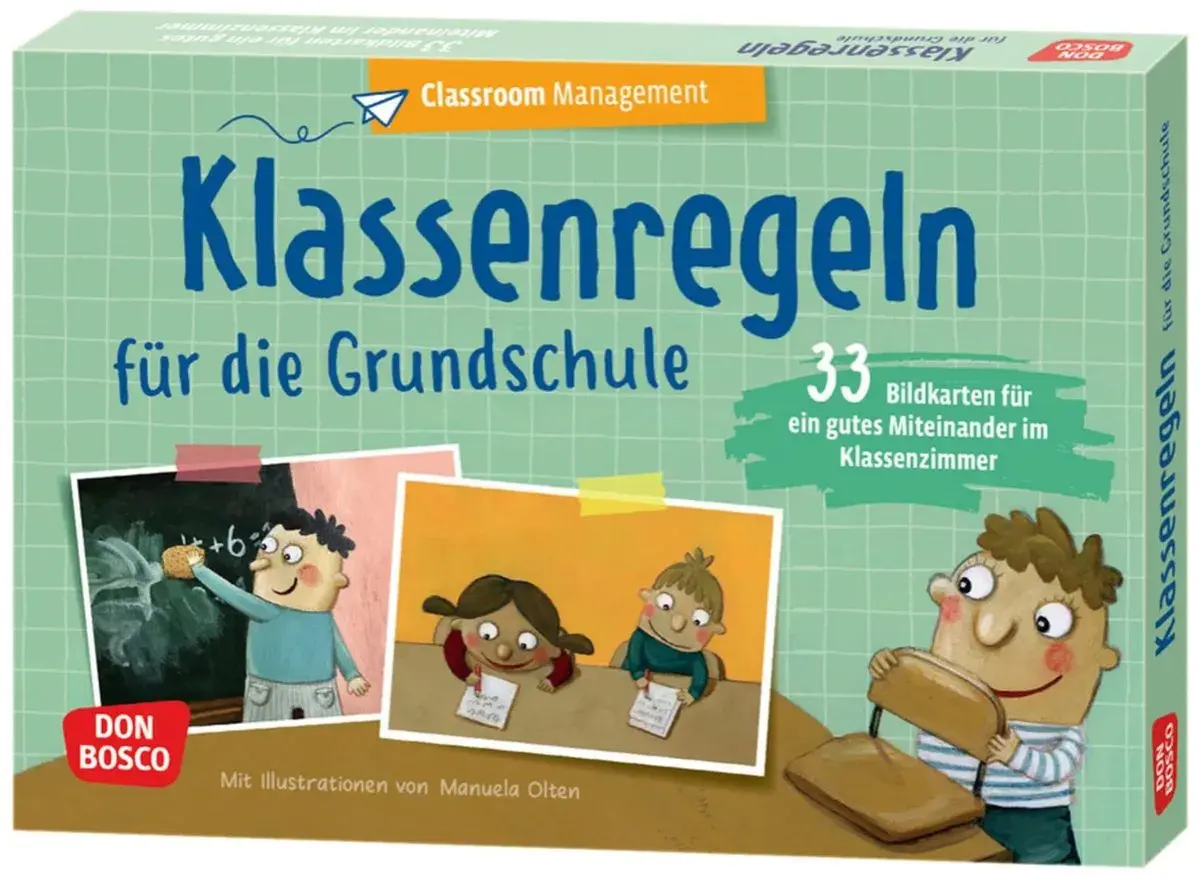 Klassenregeln für die Grundschule: 33 Bildkarten für ein gutes Miteinander im Klassenzimmer. Illustrationen zeigen Kinder beim Lernen und Spielen.