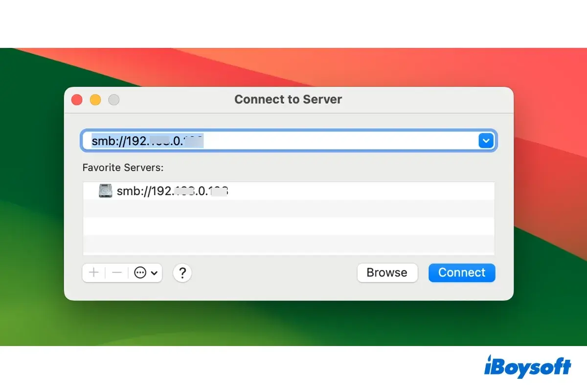 mac mit NAS verbinden: Eingabefeld zeigt "smb://192..." für Serververbindung. Favoritenliste enthält bereits eine SMB-Adresse.
