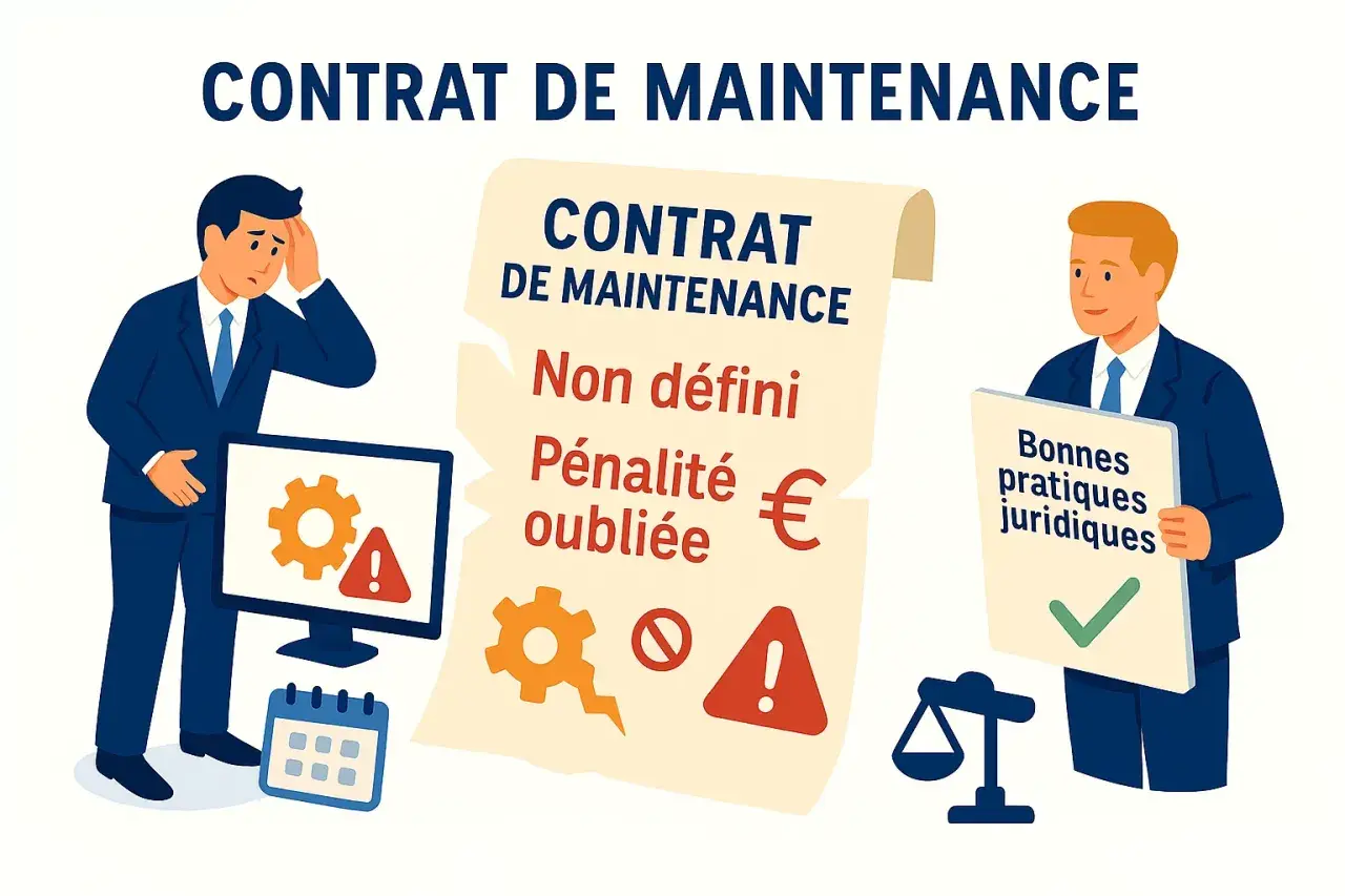 Un homme inquiet regarde un contrat de maintenance mal rédigé, avec des erreurs et des pénalités oubliées. L'autre homme présente les bonnes pratiques juridiques pour dénoncer un contrat.