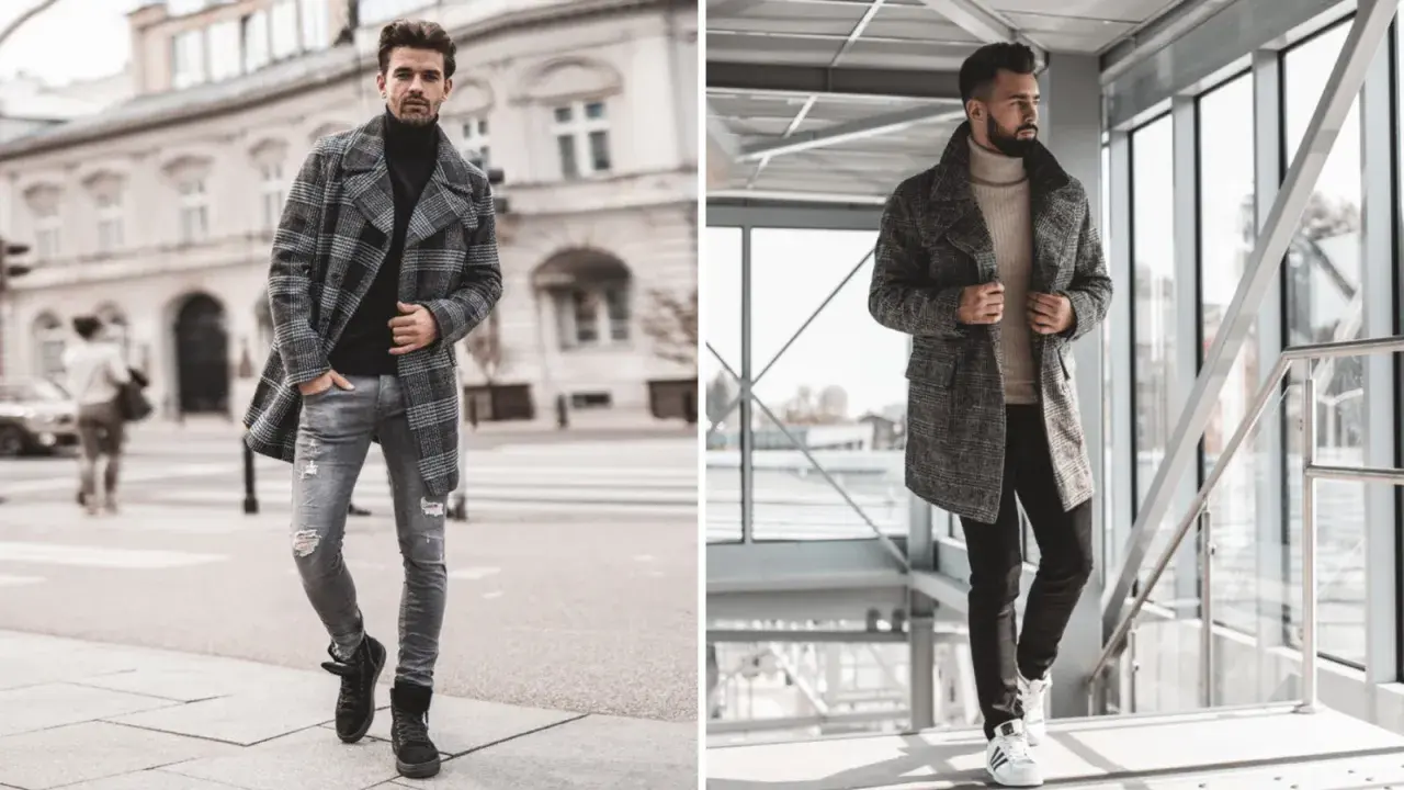 Męskie stylizacje z płaszczem: jakie buty do płaszcza męskiego? Zobacz inspiracje z czarnymi botkami i białymi sneakersami.