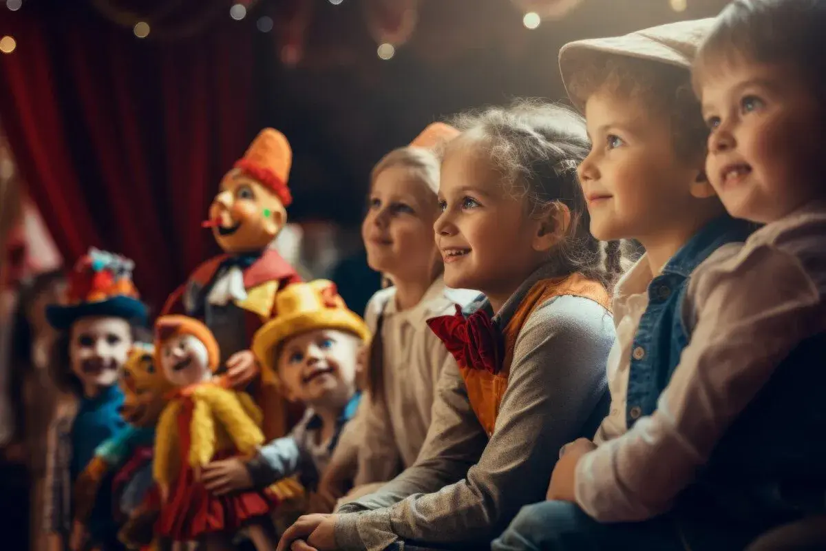 Uśmiechnięte dzieci oglądają przedstawienie. Teatr Gniezno repertuar dla dzieci zachwyca najmłodszych widzów.