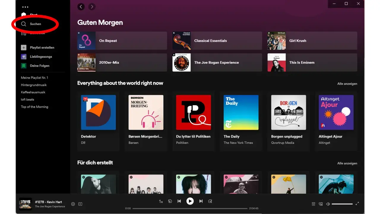 Spotify-Startseite mit Suchleiste. Hier siehst du deinen Spotify-Verlauf, z.B. "On Repeat" und "2010er-Mix".