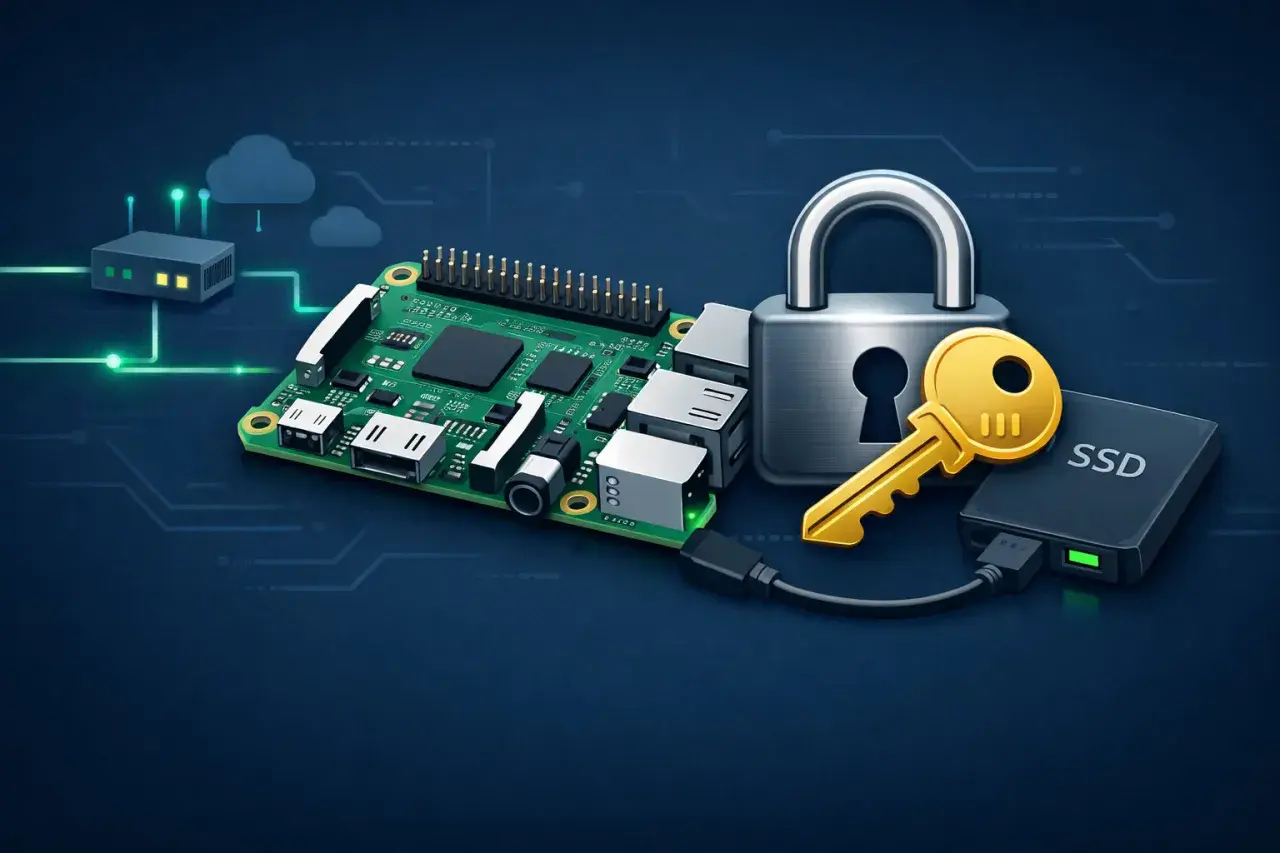 Sicherer Raspberry Pi Backup: Ein Schloss mit Schlüssel und eine SSD deuten auf den Schutz Ihrer Daten hin.