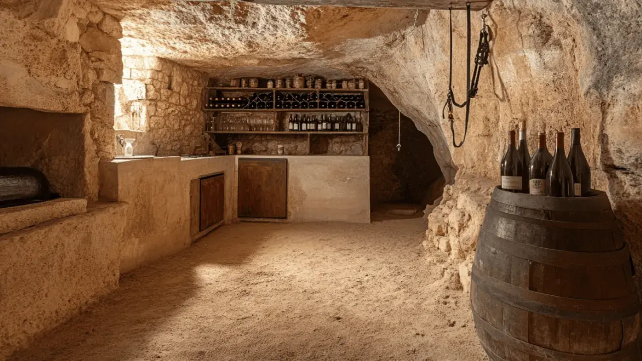 Aménagement cave rustique avec étagères à vin, tonneau et bouteilles. Lumière naturelle filtrant à travers une ouverture.