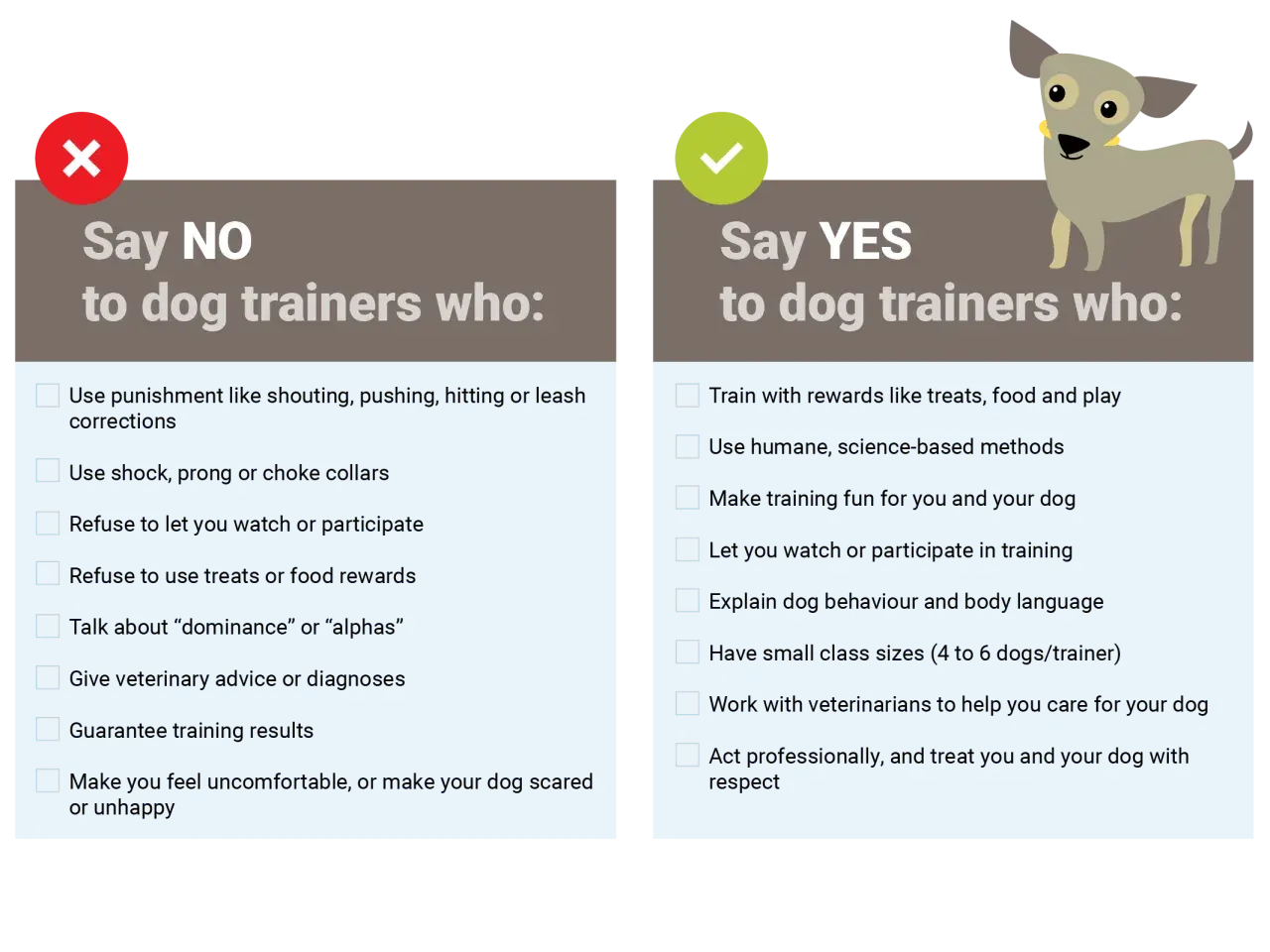 A graphic lists "Say NO" and "Say YES" to dog trainers. The "YES" side highlights positive methods, like a dog therapist using rewards and humane techniques.