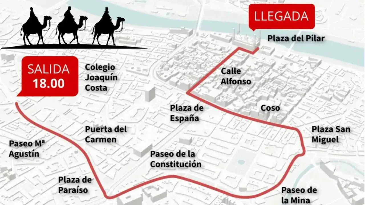 Mapa del recorrido de la cabalgata de Reyes en Zaragoza, con salida a las 18:00 desde el Colegio Joaquín Costa y llegada a la Plaza del Pilar.
