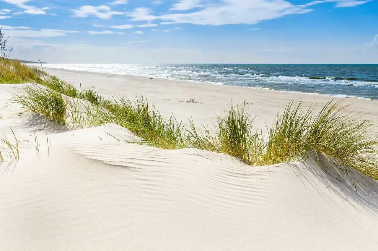 Piękne plaże w Polsce. Biały piasek, trawy na wydmach i spokojne morze pod błękitnym niebem.