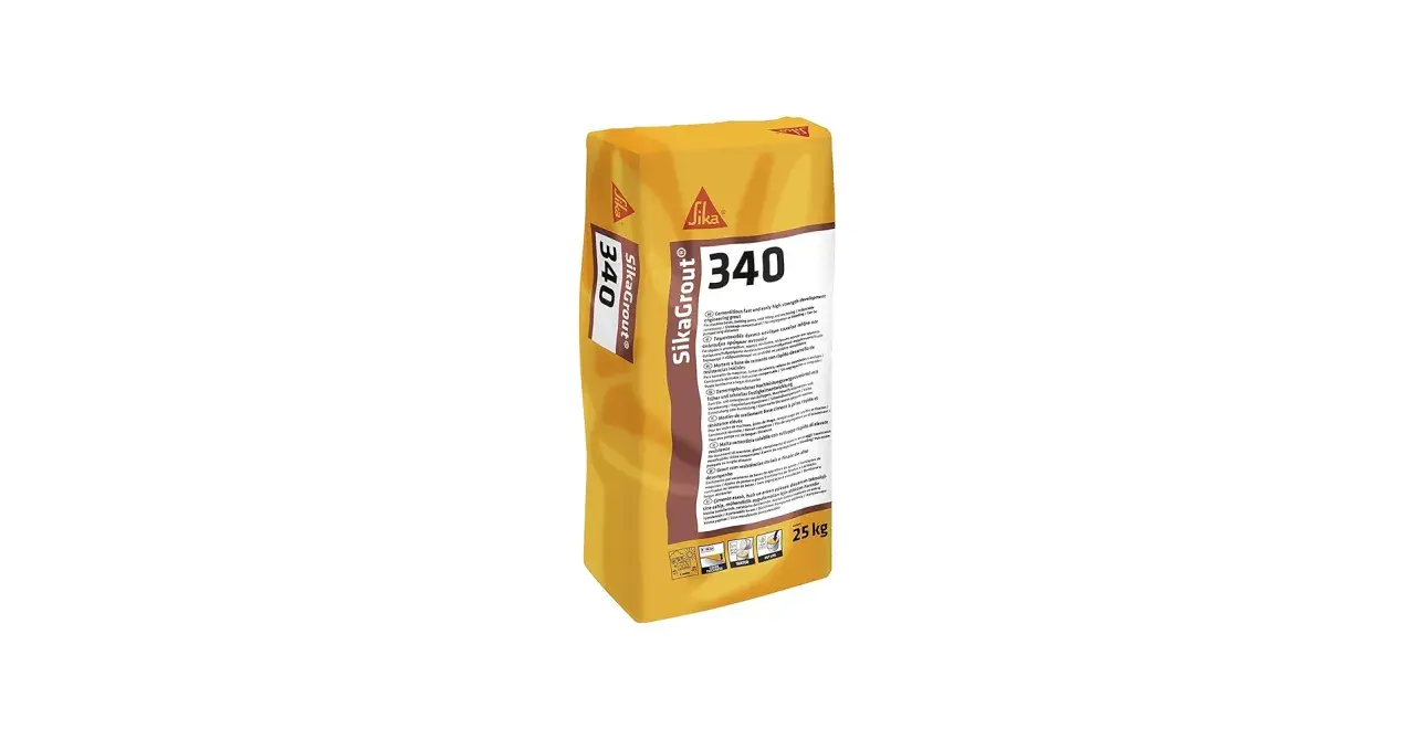 Bolsa de SikaGrout 340, mortero cementicio de alta resistencia y rápido desarrollo, ideal para anclajes y sellados.