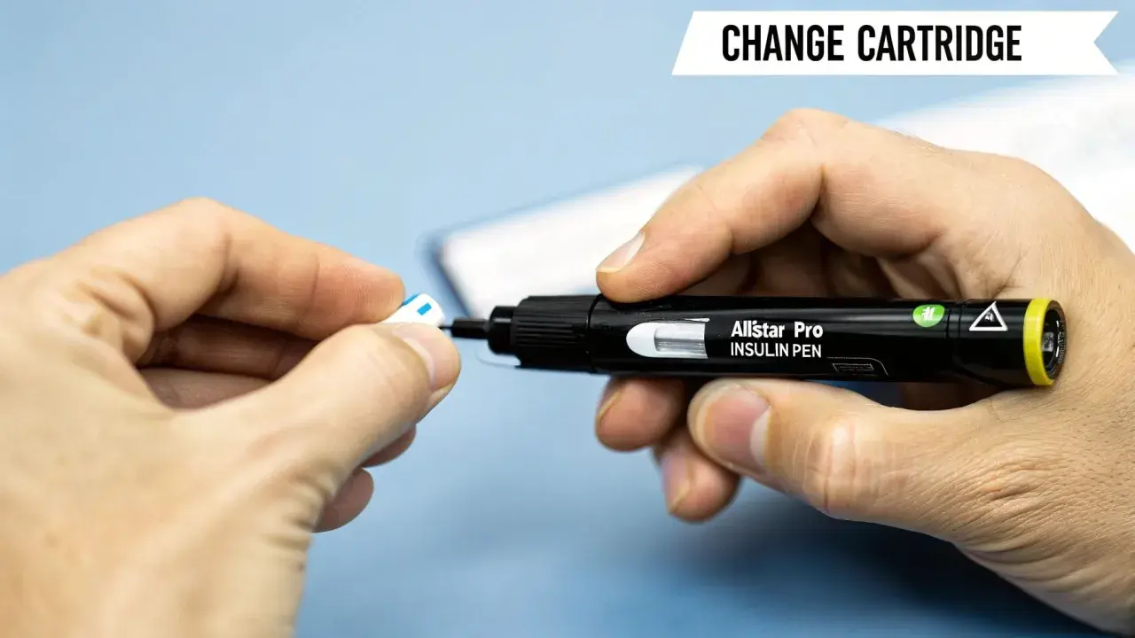 Instrukcja jak wymienić insulinę w penie. Dłoń trzyma czarny pen z napisem "Allstar Pro INSULIN PEN" i wyjmuje z niego białą końcówkę.