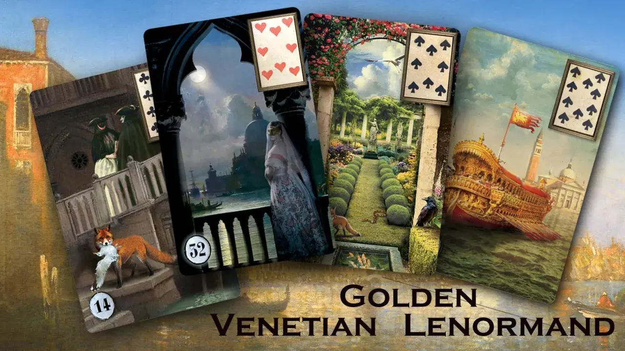 Karty do wróżb "Golden Venetian Lenormand" przedstawiają sceny z Wenecji: lis z ptakiem, dama w welonie, ogród, galeon.