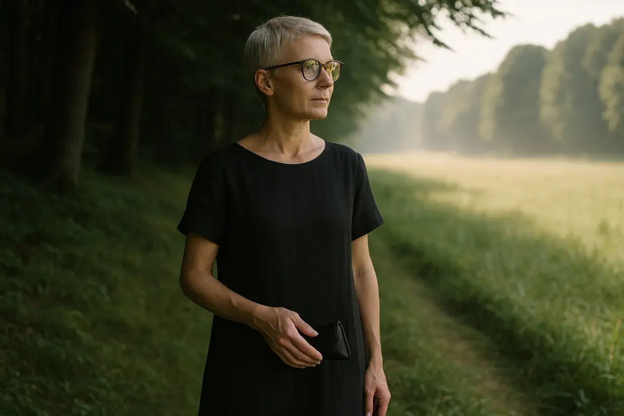 Kobieta w okularach fotochromowych w czarnej sukience trzyma etui na okulary, stojąc na skraju lasu.
