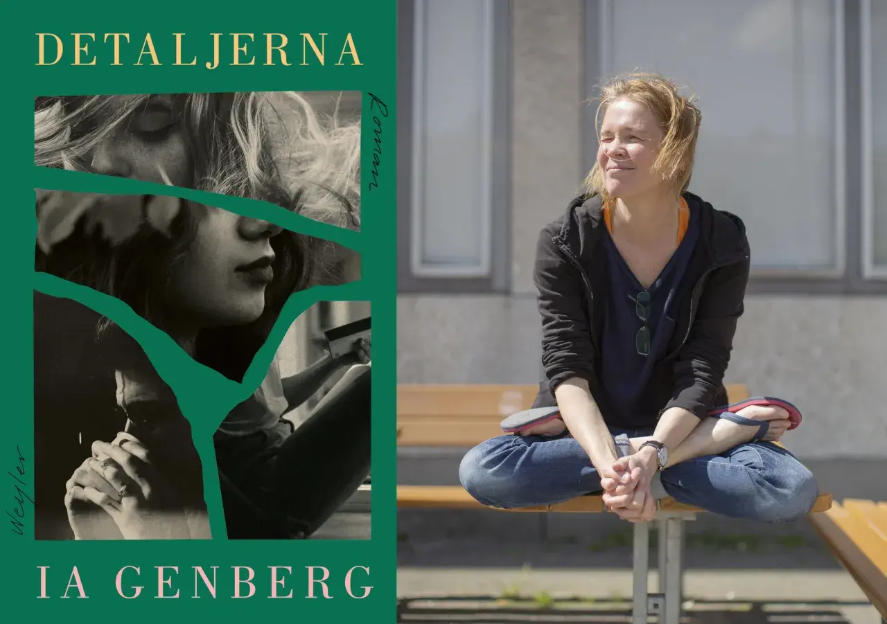 Bokomslag för "Detaljerna" av Ia Genberg, med en bild på författaren Ia Genberg sittande på en bänk.