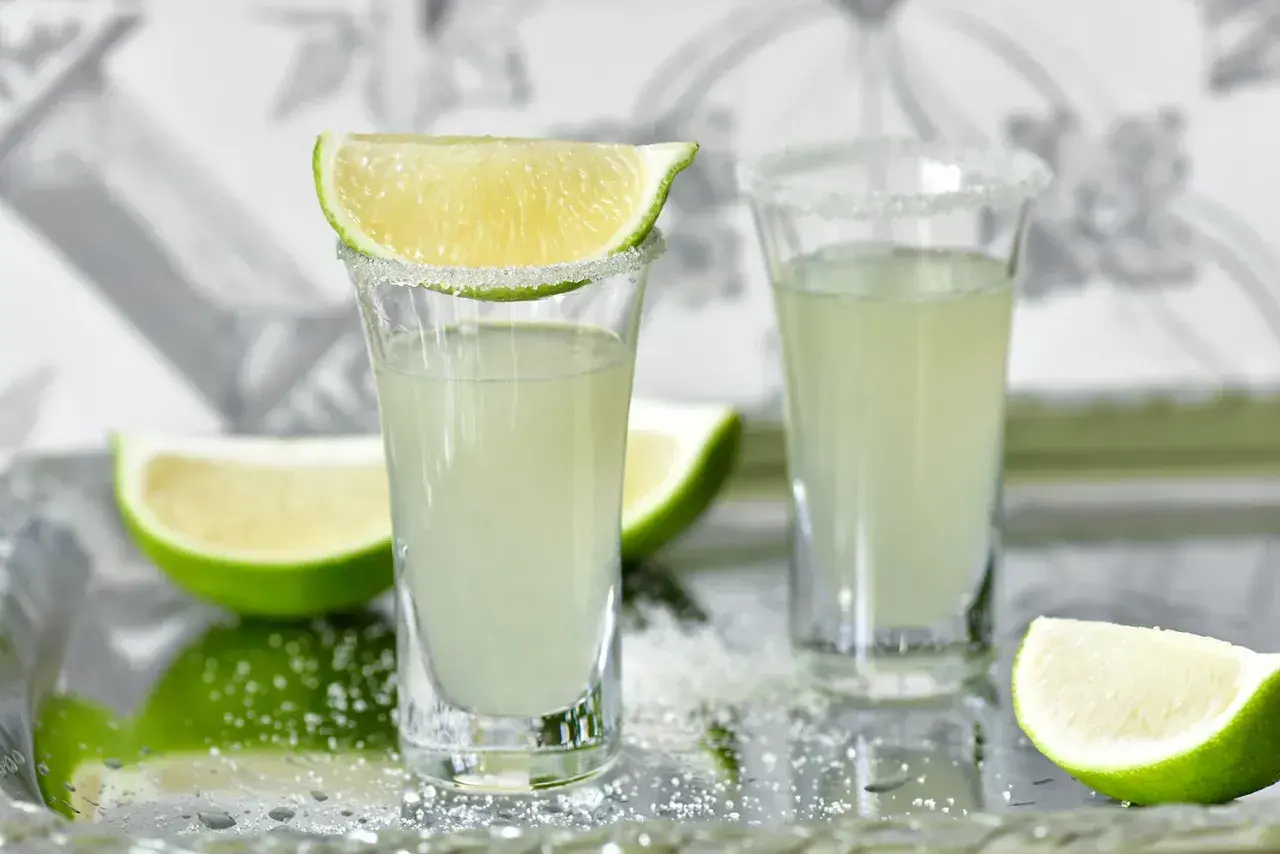 Dwa kieliszki z drinkiem Kamikaze, ozdobione cukrem i limonką. Zastanawiasz się, kamikaze drink ile procent?
