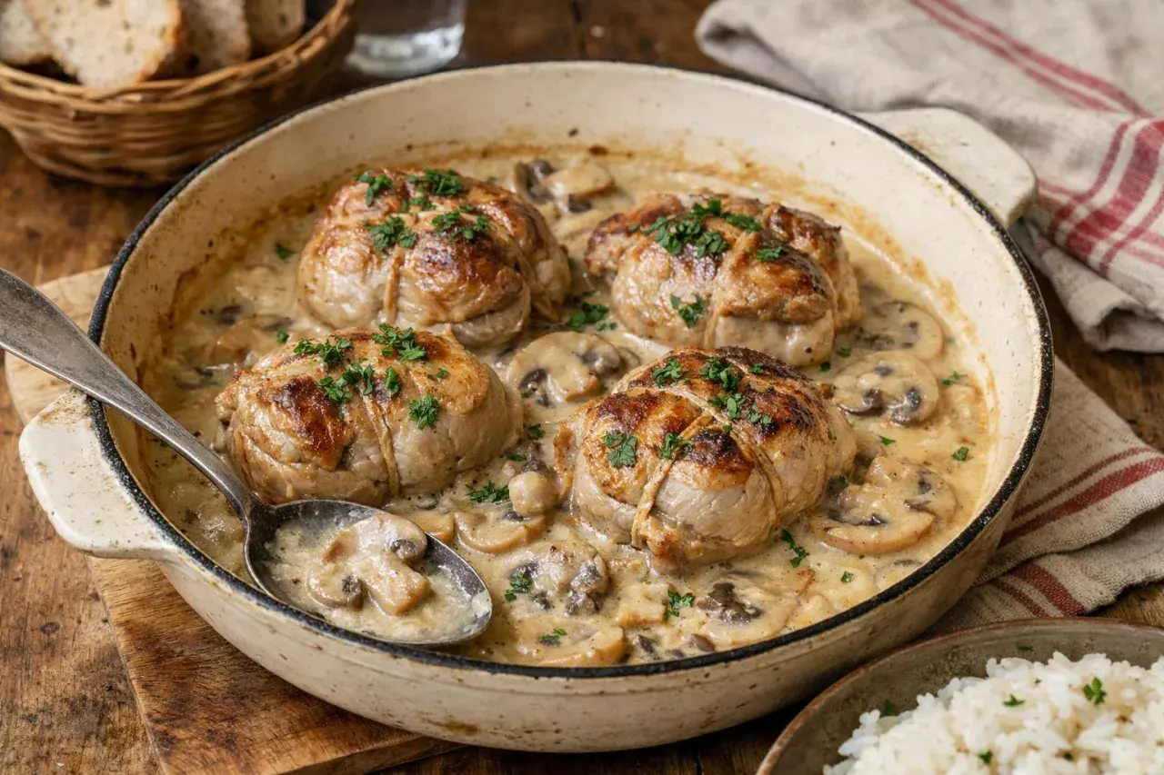 Quatre paupiettes de veau dorées, nappées d'une sauce crémeuse aux champignons, garnies de persil frais. Un plat réconfortant.