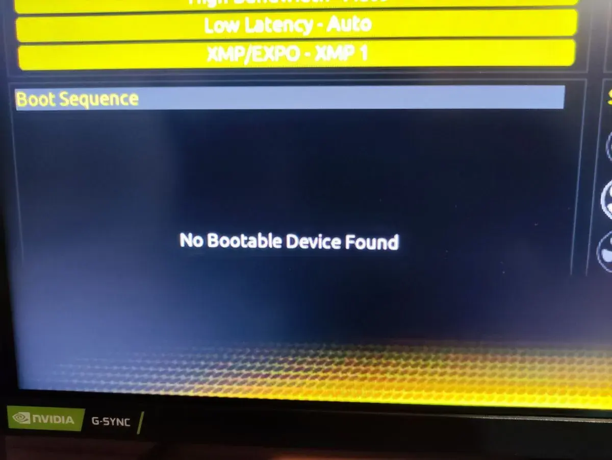 BIOS nie widzi pendrive. Komunikat "No Bootable Device Found" na ekranie, w sekcji Boot Sequence.
