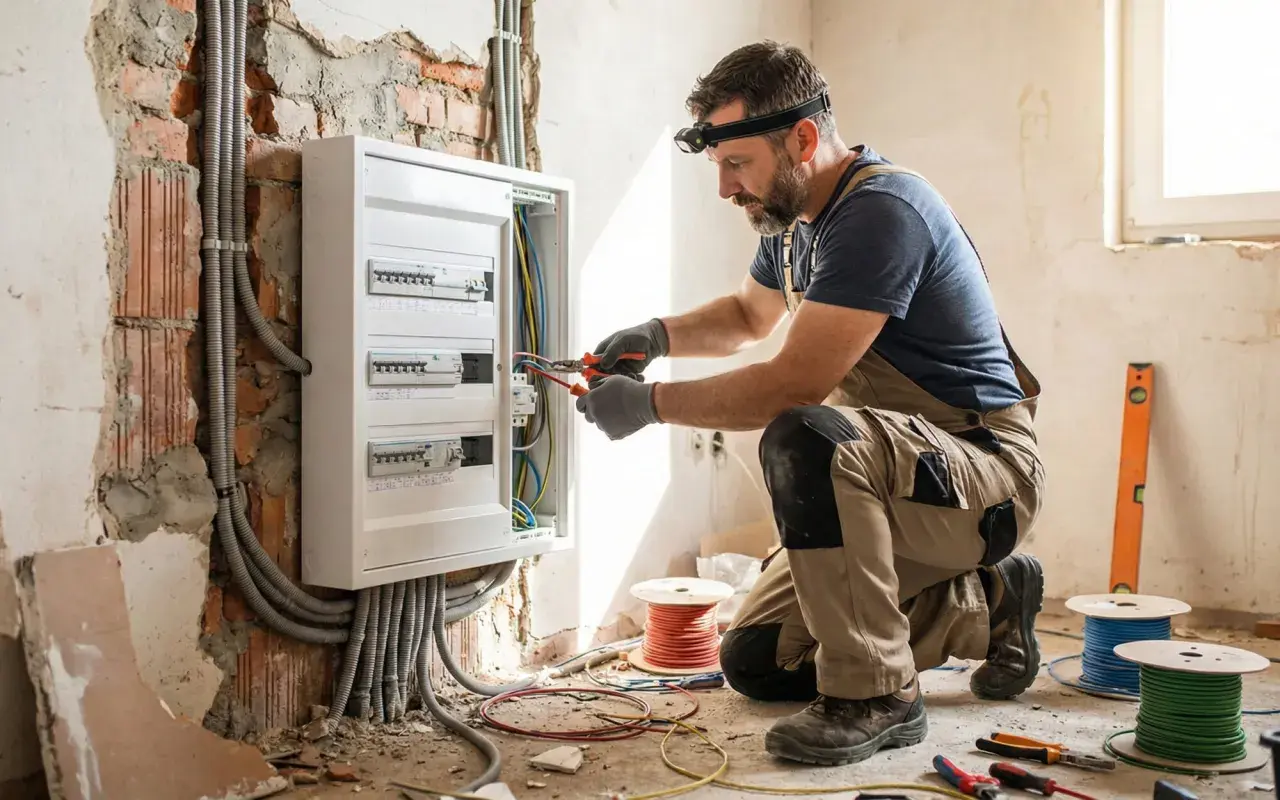 Elettricista al lavoro per il ripristino impianto elettrico, con cavi e quadro in vista.