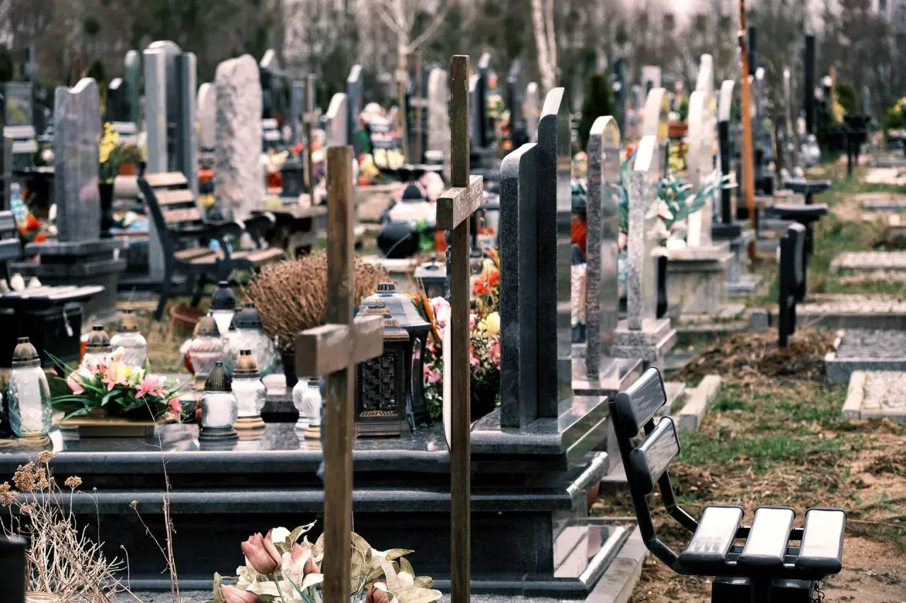 Cmentarz z nagrobkami i krzyżami. W oddali widać drzewa. Co oznacza RIP na pomniku? To skrót od łacińskiego "Requiescat in pace", czyli "Niech spoczywa w pokoju".