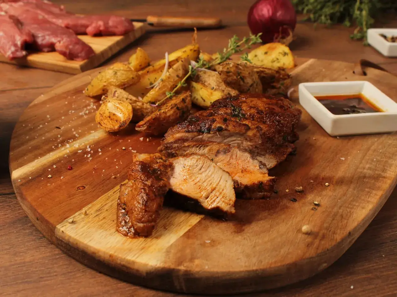 Pluma de porc recette : viande grillée juteuse, pommes de terre rôties et sauce savoureuse sur une planche en bois.