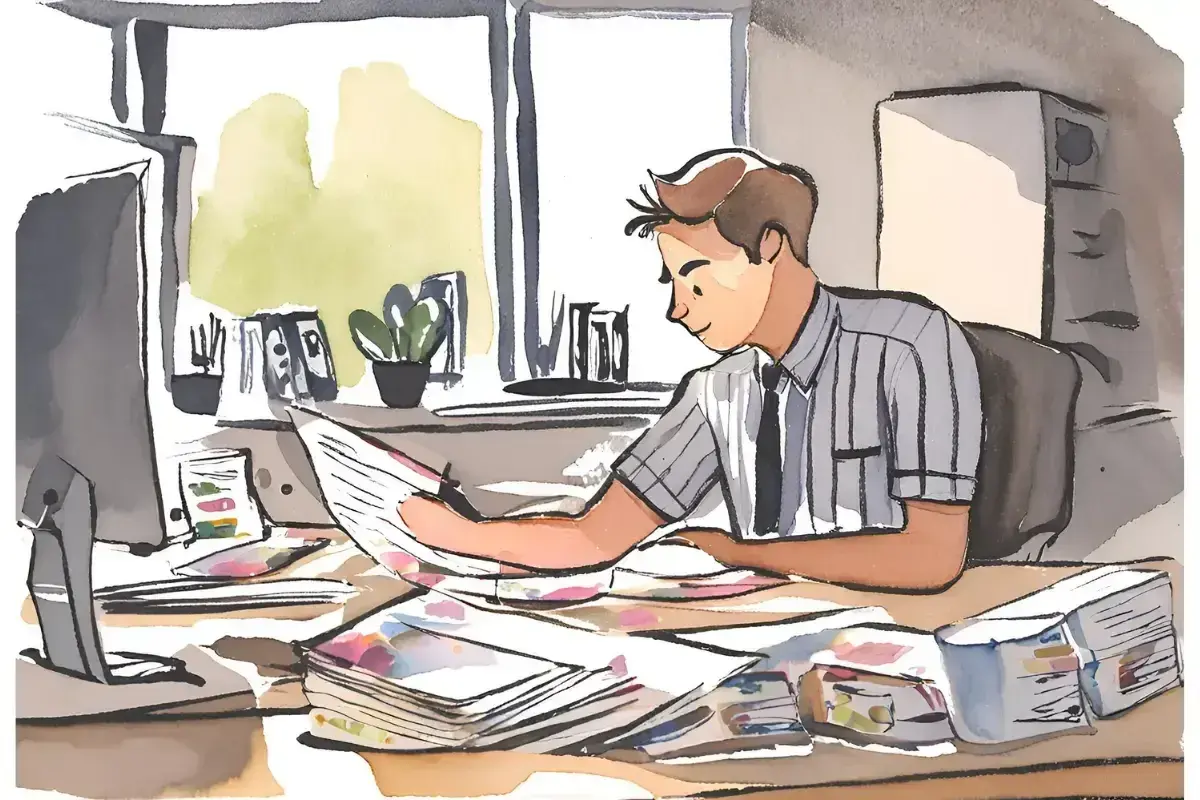 Uomo d'affari esamina documenti, un'illustrazione che suggerisce come trovare dipendenti qualificati per la tua azienda.