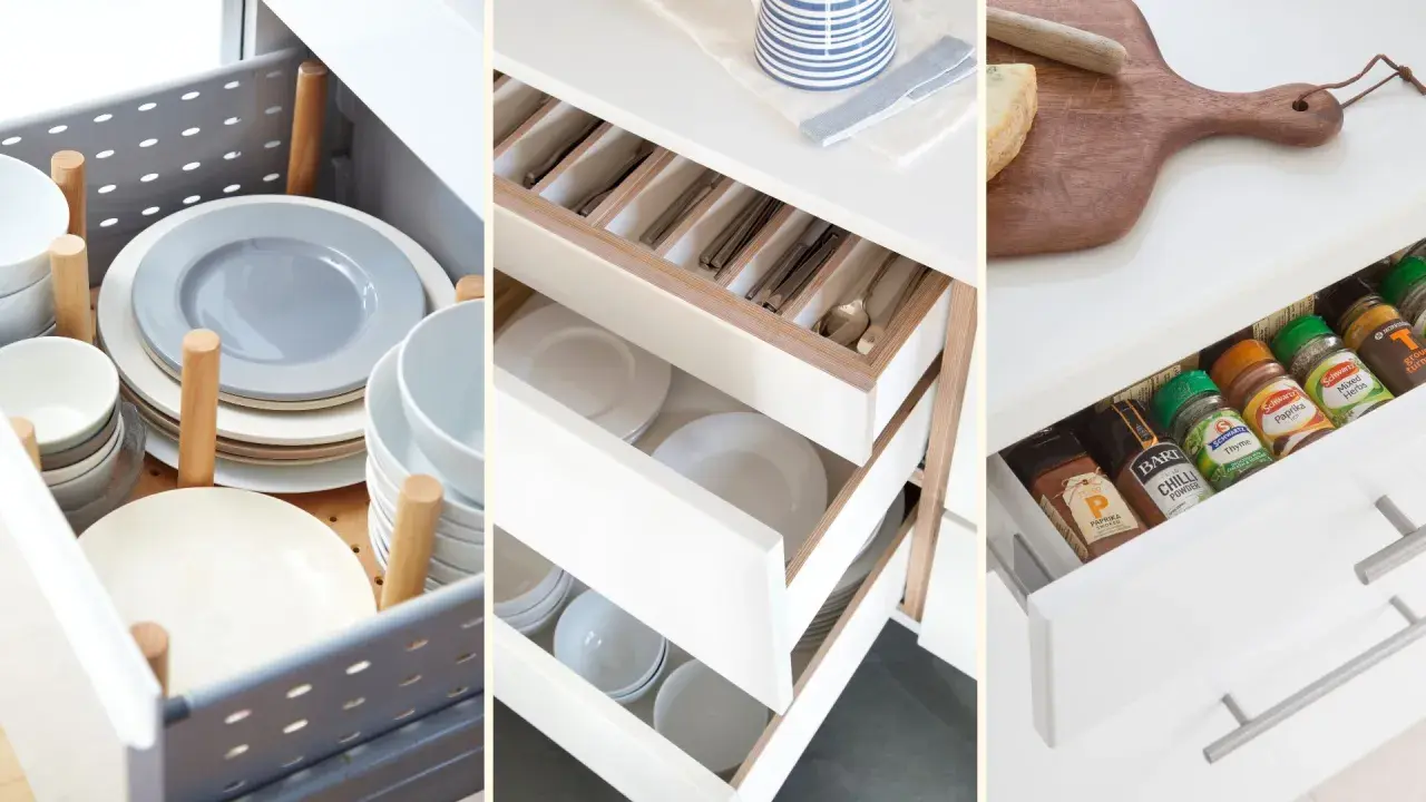 Tips on how to organize kitchen drawers: neatly stacked plates, cutlery in dividers, and spices arranged for easy access.