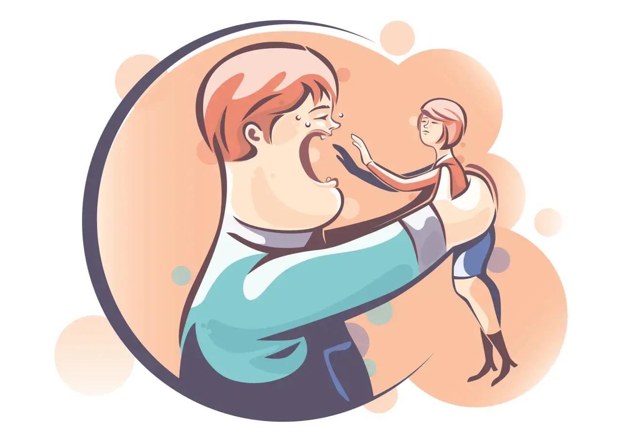 Un genitore disperato cerca risposte su cosa fare quando un figlio ti tratta male. La figura del genitore è enorme, quella del figlio piccola e ribelle.
