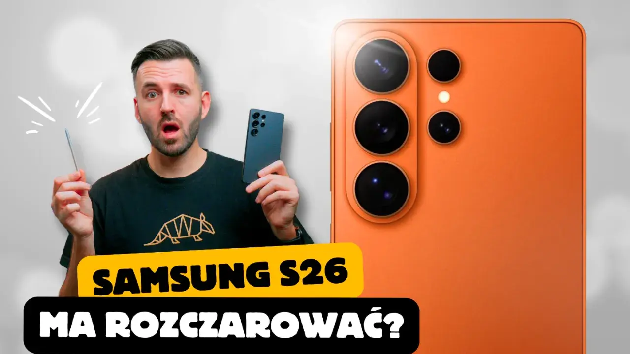 Zaskoczony mężczyzna trzymający rysik obok pomarańczowego Samsung Galaxy S26. Czy nowy model rozczaruje?