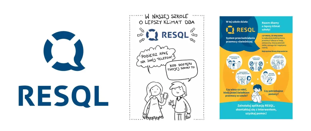 Logo RESQL i rysunki dzieci, jedno z telefonem, drugie z chmurką dialogową.
