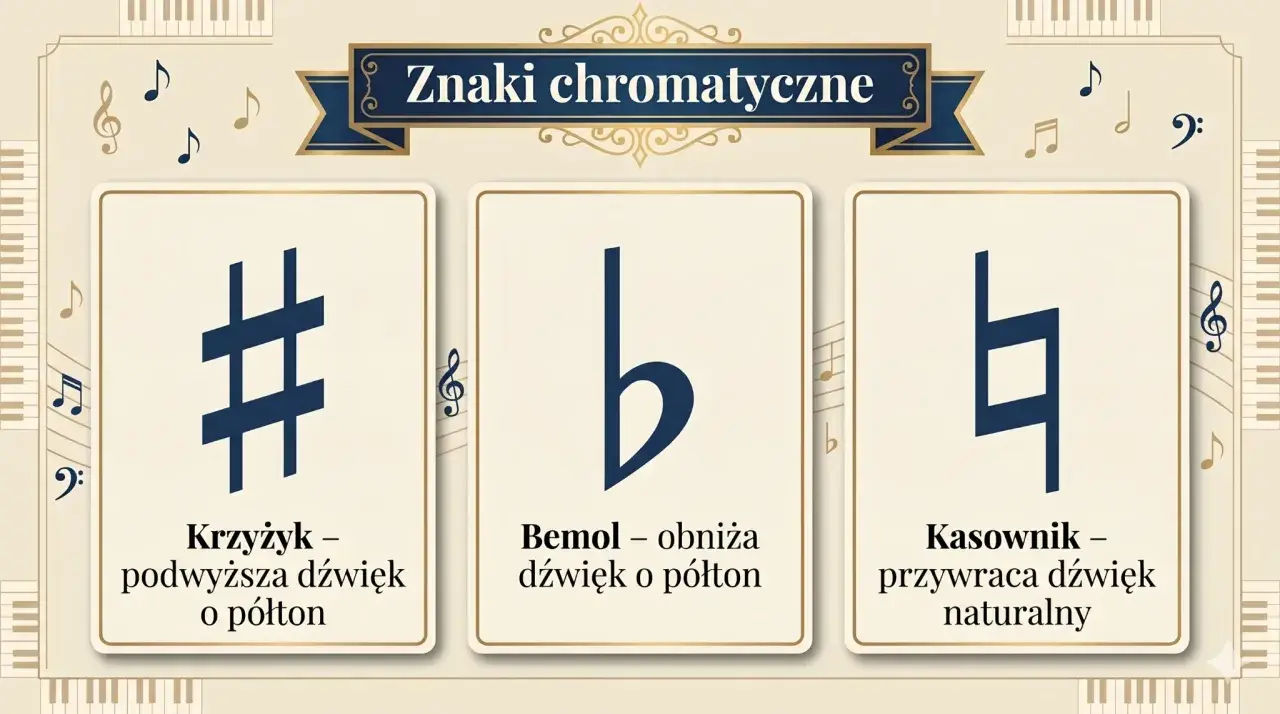 Krzyżyk, bemol i kasownik to znaki chromatyczne, które zmieniają wysokość dźwięku.